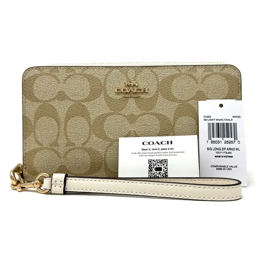 Coach Long Zip Around Wallet in Signature Canvas Light Khaki Chalk White C4452
